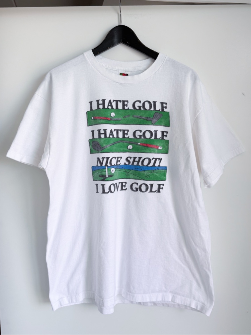 Vtg Fruit of the Loom Graphic Tee XL I Hate Golf I Love Golf Humor Novelty White